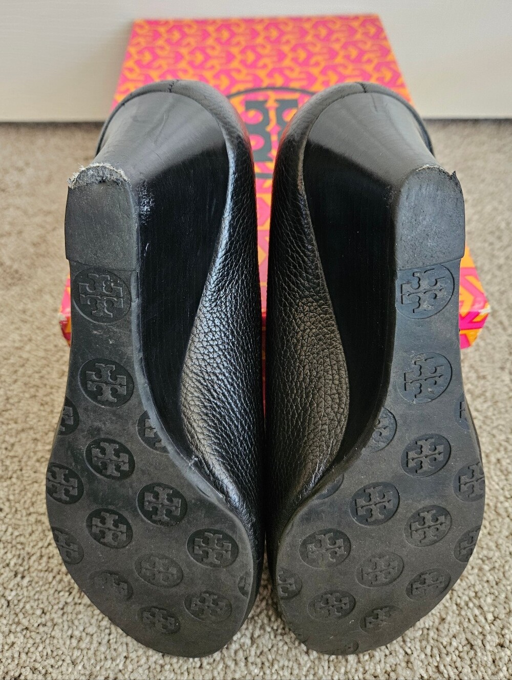 Tory Burch Black Leather Peep-Toe Wedges with Silver Logo Accent - Picture 7 of 11